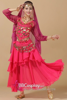Trang Phục Cô Dâu Ấn Độ Hồng Tay Dài Kim Tuyến