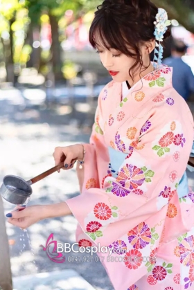 Áo Yukata Hồng Phấn Tặng Kèm Thắt Lưng