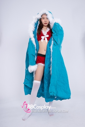 Áo Choàng Xanh Viền Lông Có Tay Có Mũ Trùm Vải Nỉ Giấy Xốp