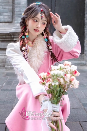 Trang Phục Nữ Tây Vực Hồng Pastel Viền Lông