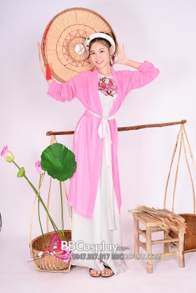 Bộ Áo Tứ Thân Hồng Yếm Thêu Đụp 2 Lớp Trắng