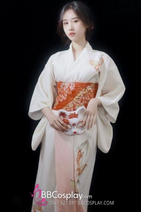 Áo Yukata Trắng Hồng Hoạ Tiết Bướm Nhẹ Nhàng
