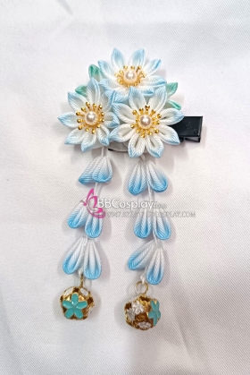 Kanzashi Nhật Bản 3 Hoa Xanh Dương -  Loại 2 Dây Hoa