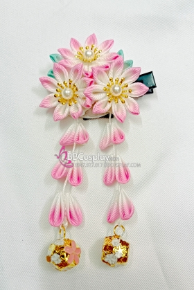 Kanzashi Nhật Bản 3 Hoa Hồng Chuyển Màu - Loại 2 Dây Hoa