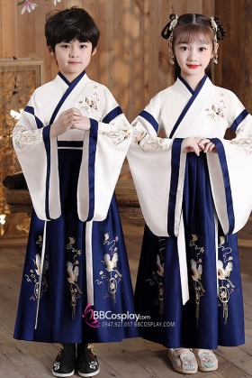 Trang Phục Môn Sinh Nhà Tống Cho Trẻ Em Áo Trắng Váy Xanh Thêu Mao Tước