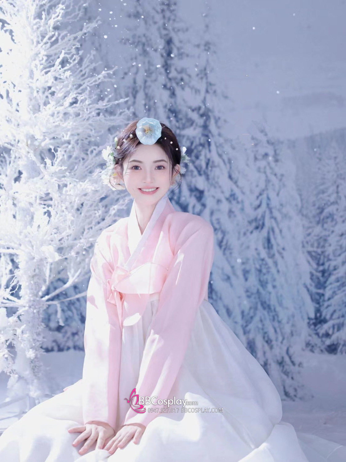 Hanbok Hàn Quốc Hiện Đại Áo Hồng Váy Trắng Pastel