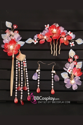 Bộ 5 Món Trâm Cài Cổ Trang Hoa Đỏ Cánh Tím