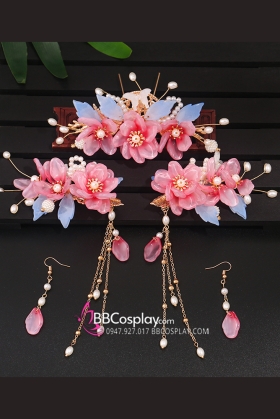 Bộ 5 Món Trâm Cài Hán Phục Tone Hồng -Mẫu Hoa Ngọc Anh