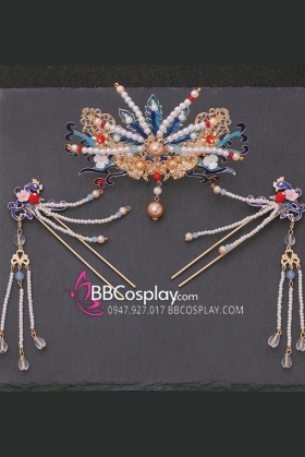 Bộ 3 Món Trâm Cài Hằng Nga Đuôi Công Tone Xanh Vàng