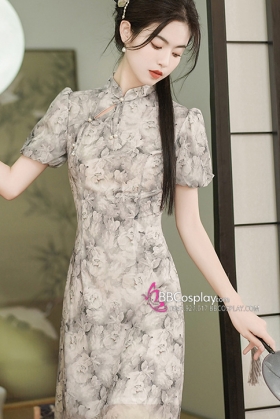 Sườn Xám Voan Nền Hoa Đen Trắng