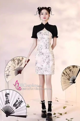 Sườn Xám Hiện Đại Dáng Ngắn Đen Trắng In Cành Trúc