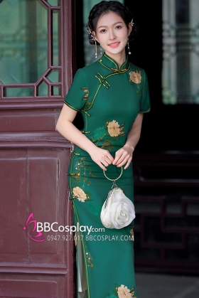 Sườn Xám Dáng Dài Xanh Rêu Nền Hoa Mẫu Đơn