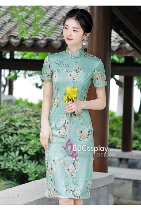 Sườn Xám Hiện Đại Nền Hoa Chi Tử - Màu Xanh Bơ