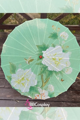 Dù Vải Cổ Phong Hoa Phù Dung Trắng Nền Xanh Mơ