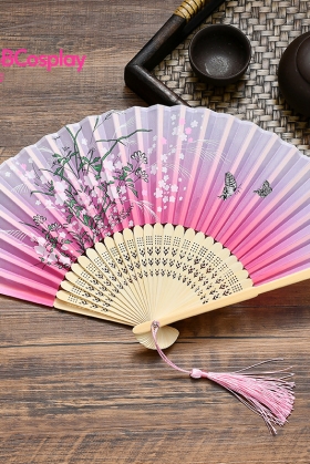 Uchiwa Quạt Vải Nhật Bản Hồng Hoa Lan Bướm Đậu