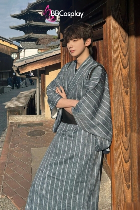 Nagagi Xám Đậm Kẻ Trắng - Yukata Nam Xám Sọc Trắng