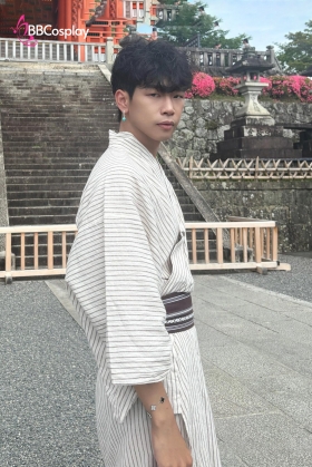 Nagagi Trắng Sọc Xám - Yukata Nam Trắng Sọc