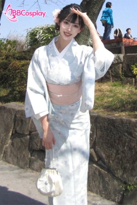 Áo Yukata Xanh Nhạt Pastel Hoa Nhuỵ Tím