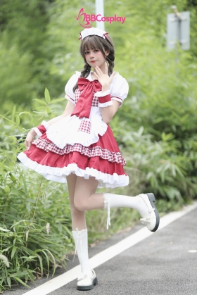 Trang Phục Nàng Hầu Cổ Lá Sen Kèm Tạp Dề Caro - Màu Đỏ