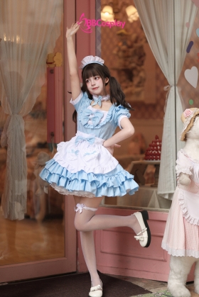 Đồ Nàng Hầu Maid Xanh Dương Tạp Dề Trắng Kèm Nhiều Nơ