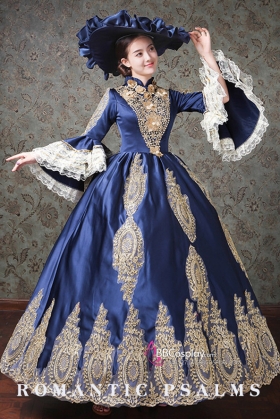 Đầm Bá Tước Châu Âu Xanh Navy Phối Ren 17Th Century