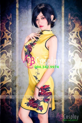 Sườn Xám Vàng Hoa Hồng Đen Xẻ Tà