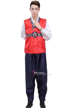 Áo Hanbok Cho Nam Gấm Đỏ Quần Xanh