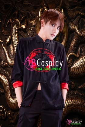 Áo Sườn Xám Nam Đen Thêu Hình Phụng Trước Ngực