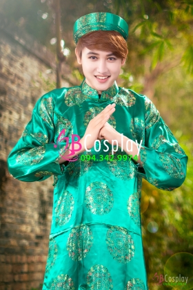 Áo Dài Gấm Nam Xanh Cho Nam 10