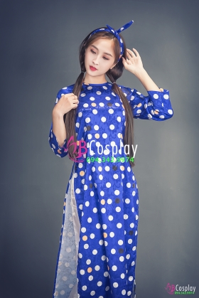 Áo Dài Cô Ba Sài Gòn Xanh Chấm Bi Cổ Tròn