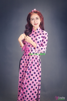 Áo Dài Cô Ba Sài Gòn Hồng Chấm Bi