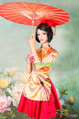 Qiloli Áo Vàng Sọc Váy Đỏ