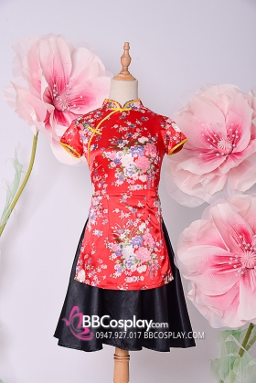 Sườn Xám Đỏ Xẻ 2 Bên Mặc Với Váy