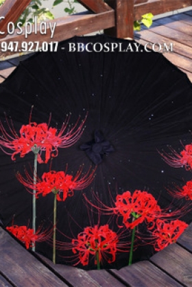 Dù Vải Cổ Trang Đen Hoa Bỉ Ngạn Đỏ