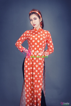 Áo Dài Cô Ba Sài Gòn Cam Chấm Bi