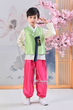 Hanbok Bé Trai Chuẩn Hàn Áo Xanh Lá Quần Hồng