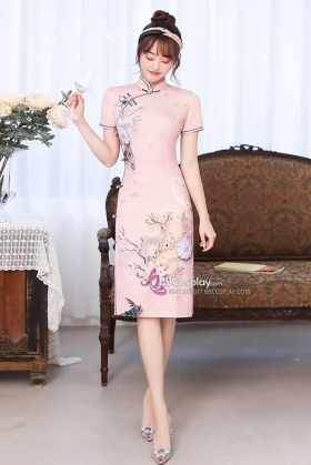 Sườn Xám Tuần Lộc Và Hoa Dáng Dài Hồng Phấn