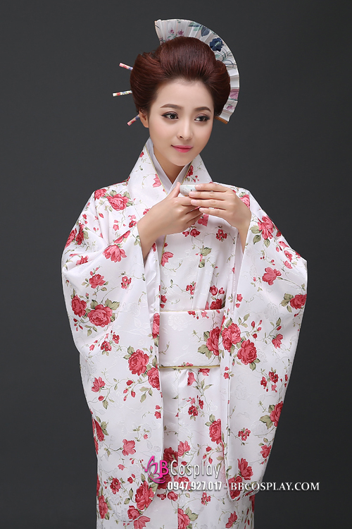 Yukata YEN Trắng Hoa Đỏ