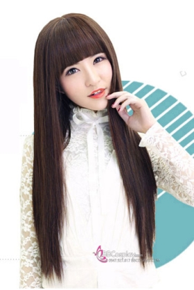 Tóc Giả Nâu Socola Mái Ngang Dài 80Cm