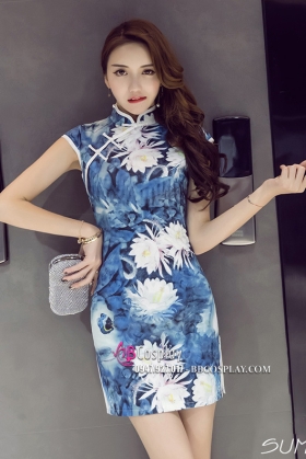 Sườn Xám Thun Xanh Hoa Quỳnh