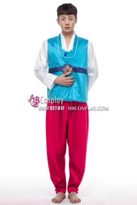 Hanbok Hàn Quốc Nam Áo Xanh Quần Hồng Đỏ