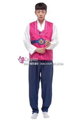 Hanbok Truyền Thống Cho Nam Áo Hồng Quần Xanh Đậm