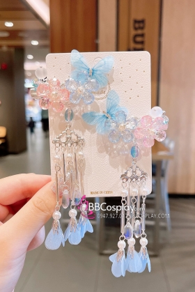 Cặp Kẹp Tóc Bướm Xanh Và Hoa Kèm Tua Rua Ngọc Lấp Lánh